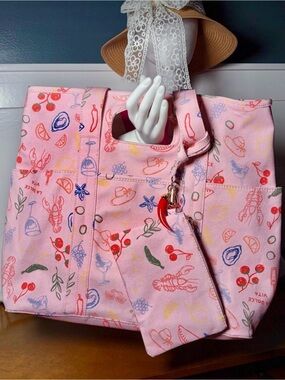 Italian Coastal Motif Tote Soft Pink with Green Stripe Interior